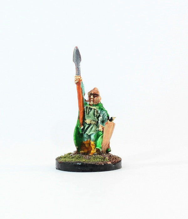 PTD CE1-05: Elf in cloak with raised Spear and Shield.