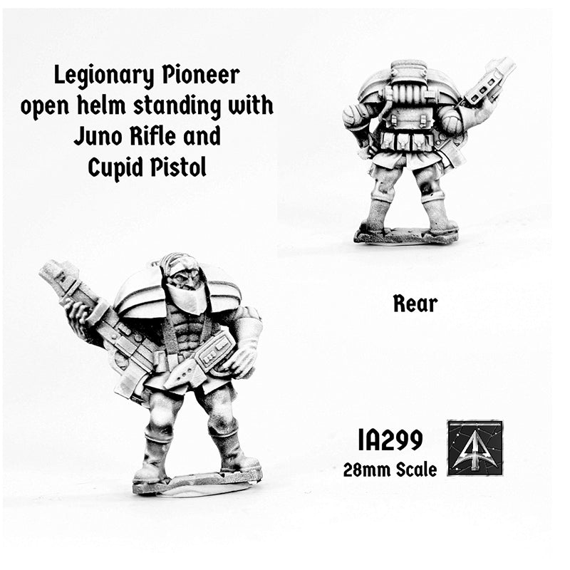 IA299 Legion Pioneer open helm standing with Juno Rifle and Cupid Pistol