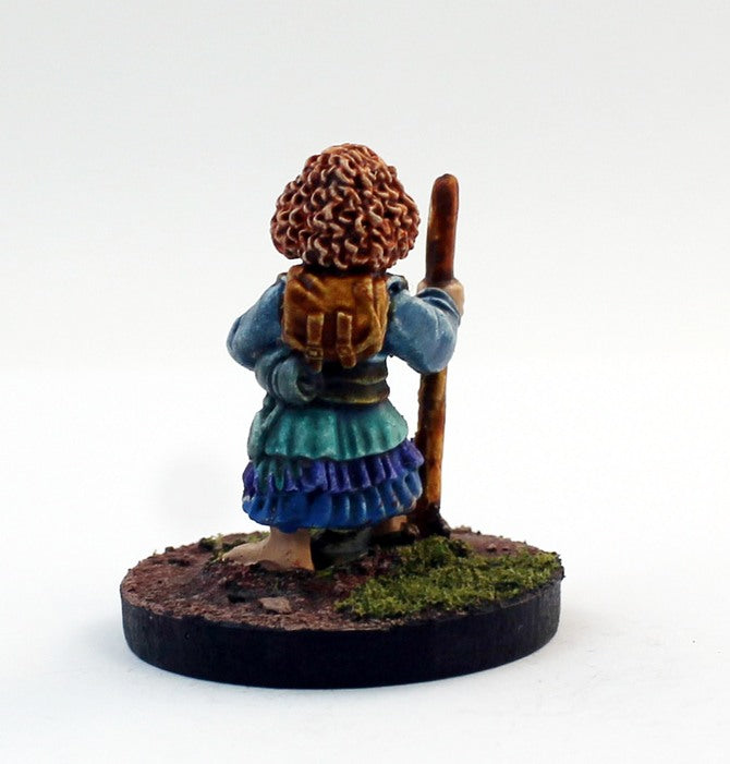 PTDCA2-03: Female Halfling barefoot walking with Staff.